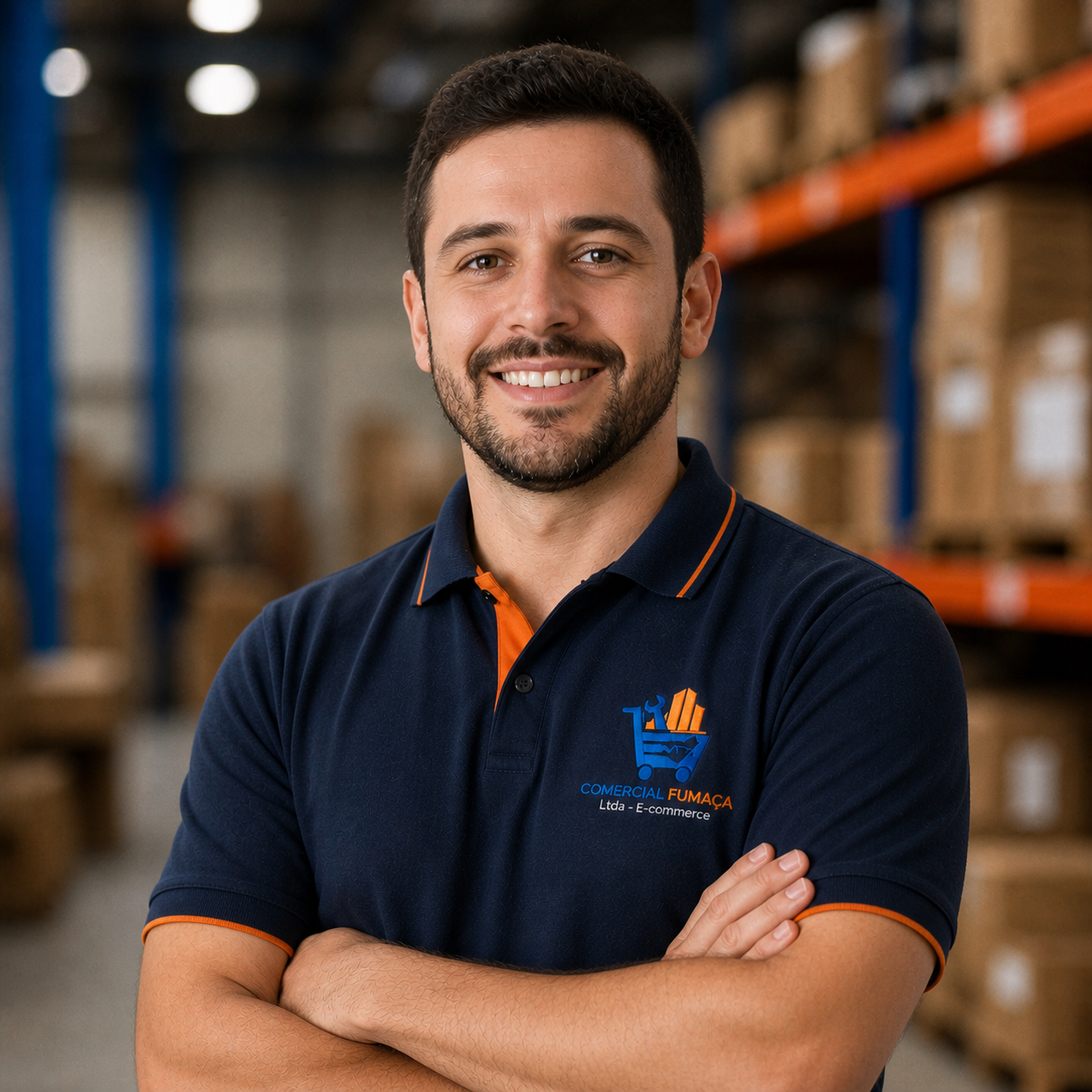 Atendente da Comercial Fumaça no depósito da loja